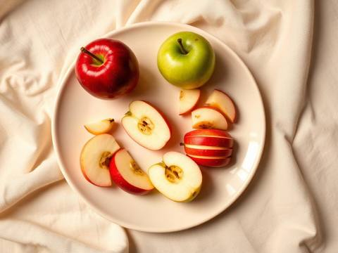 Red and green apples with the flesh cut into small bite-sized pieces, seeds and core removed