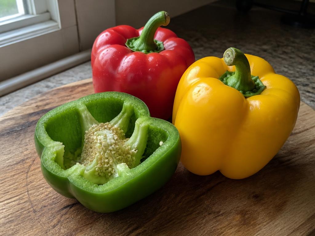 A red and a yellow sweet bell pepper on a wooden board beside a green bell pepper cut open to show the pale ribs and seeds