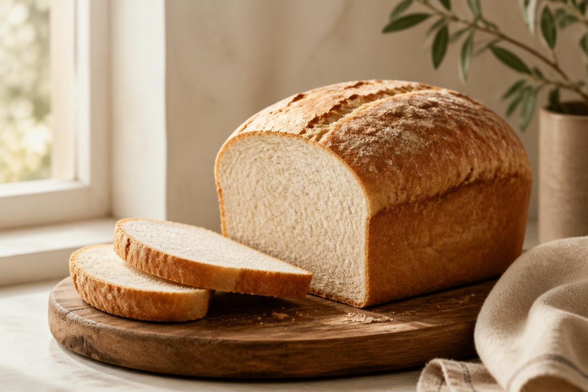 A baked loaf of plain white bread with two cut slices on a wooden board