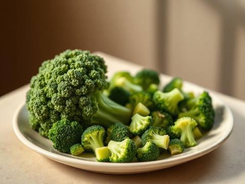 Plain fresh broccoli head with small florets cut into bite-sized pieces on a cream plate