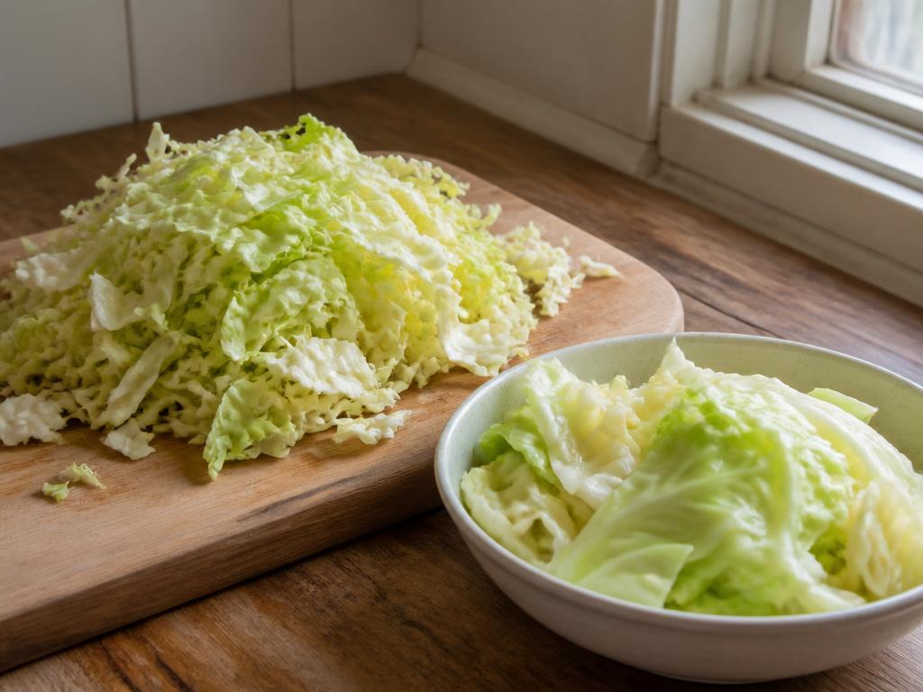 Shredded plain green cabbage on a wooden board beside a bowl of plainly steamed cabbage in a home kitchen