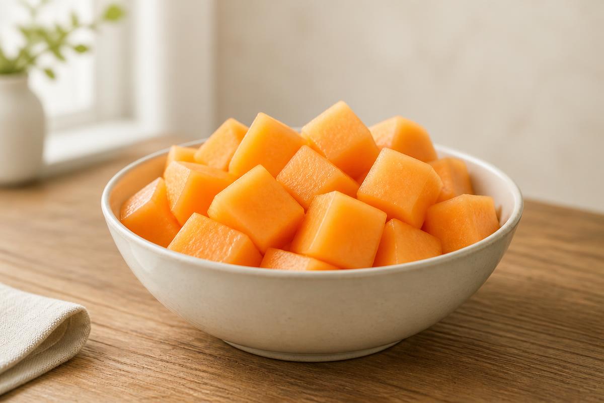 Bite-sized cubes of prepared cantaloupe flesh in a bowl with the rind removed