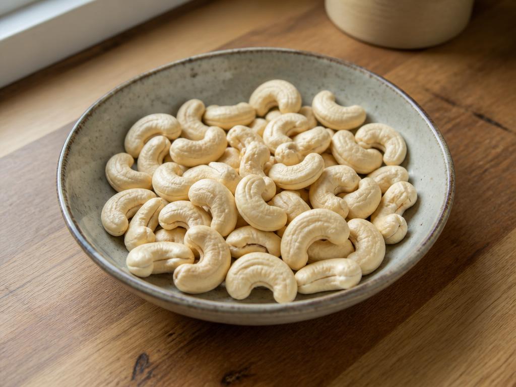 Plain unsalted cashew nuts loosely piled in a small speckled ceramic dish on a wooden kitchen worktop