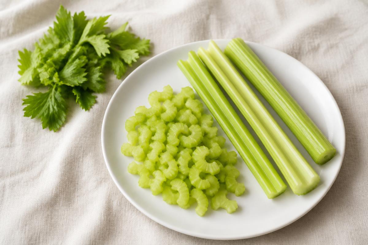 Fresh celery stalks with chopped celery pieces on a white plate