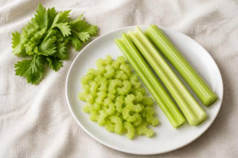 Fresh celery stalks with chopped celery pieces on a white plate