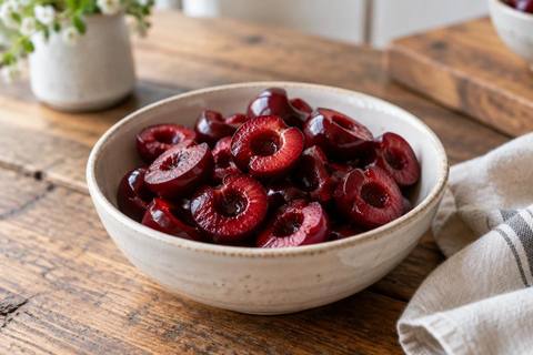 A bowl of halved, pitted dark red cherries with no stems or pits, on a wooden kitchen table