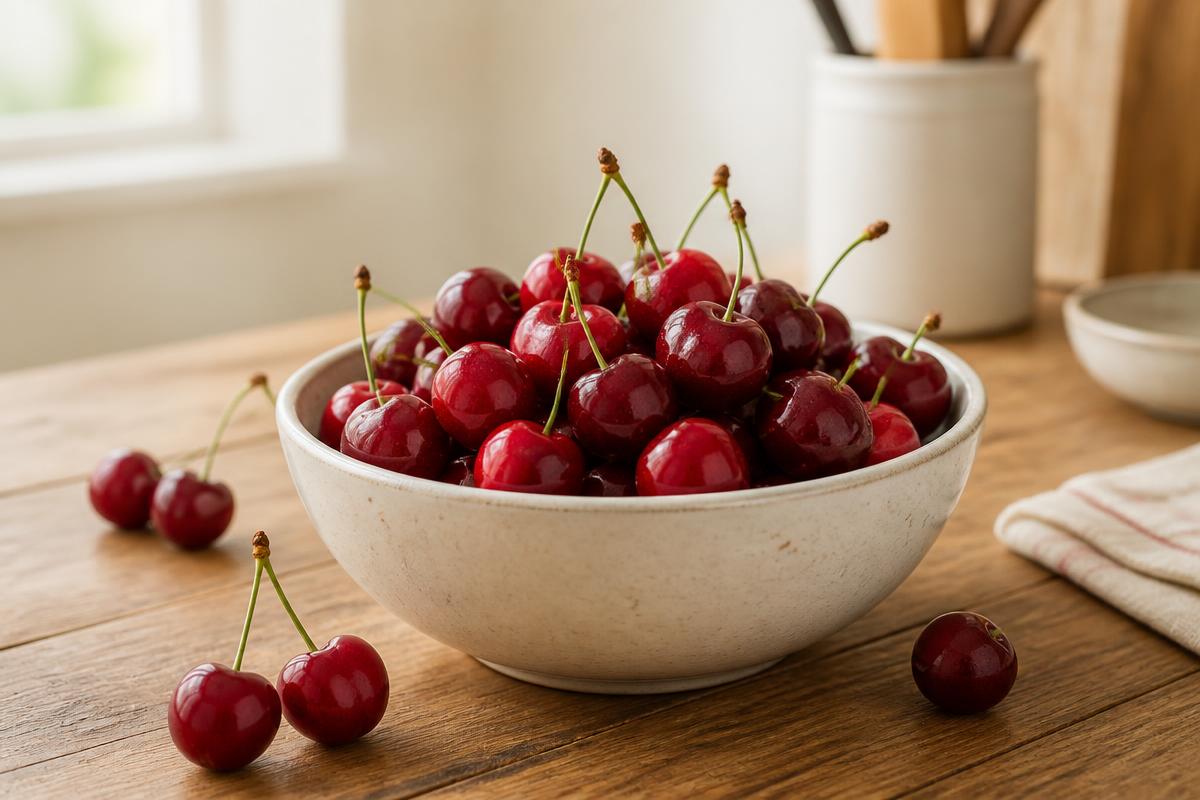 A bowl of fresh red cherries with stems on a wooden kitchen table