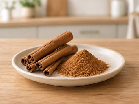Cinnamon sticks with a little ground cinnamon on a ceramic plate