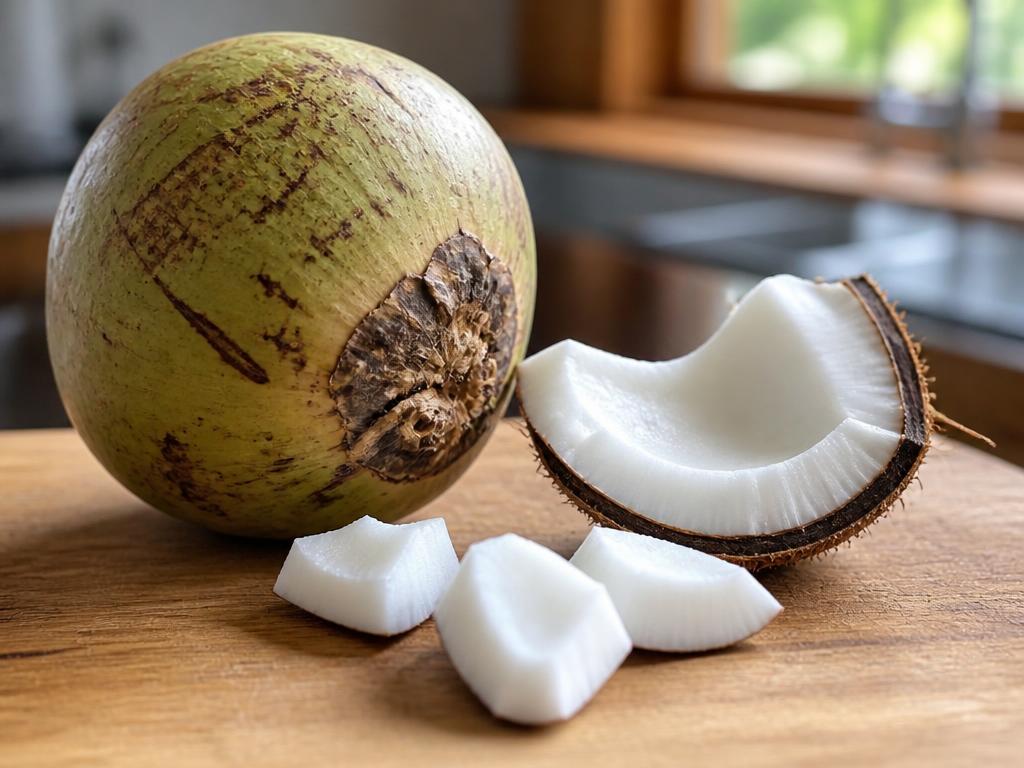 A whole coconut beside a wedge of white coconut flesh still attached to its hard brown shell and several plain chunks of coconut flesh on a wooden board