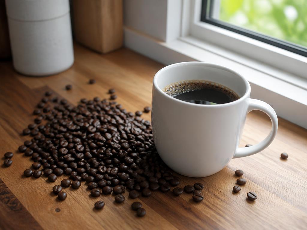 Dark roasted coffee beans scattered on a wooden counter beside a plain white mug of black brewed coffee by a window