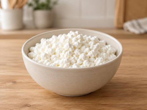Plain cottage cheese in a ceramic bowl on a wooden kitchen surface
