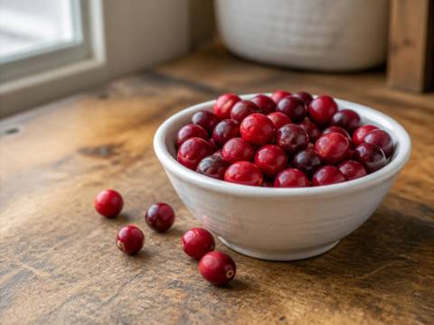 A small white ceramic bowl of fresh whole raw cranberries on a worn wooden kitchen counter with a few loose berries beside it