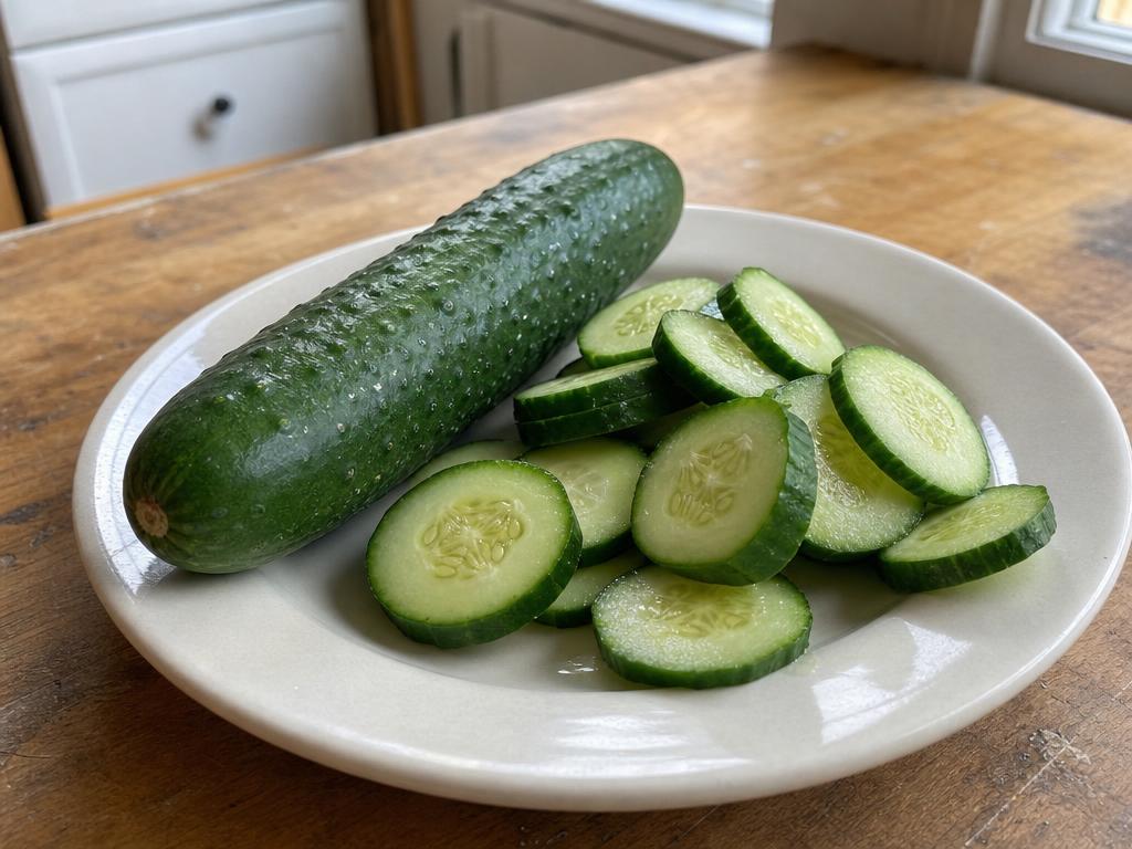 A whole fresh cucumber and unevenly cut cucumber slices on a cream ceramic plate