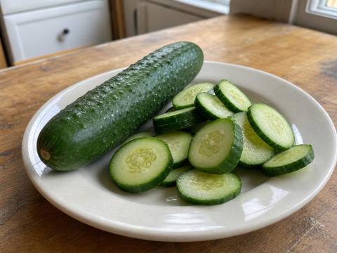 A whole fresh cucumber and unevenly cut cucumber slices on a cream ceramic plate