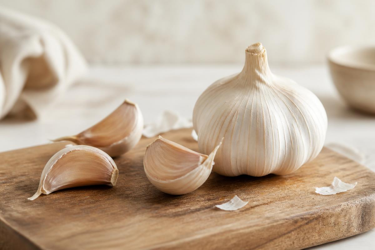 A whole garlic bulb with a few loose cloves on a wooden kitchen board