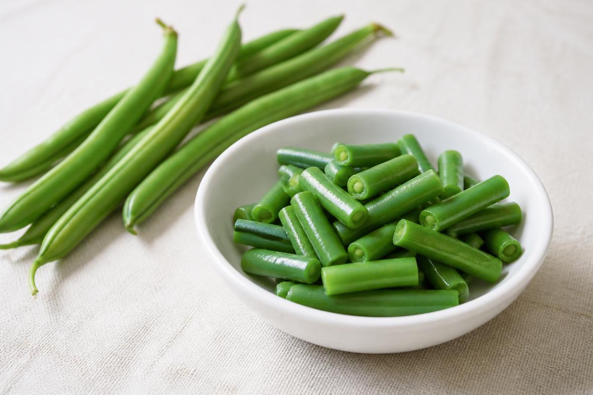 Fresh green beans and a bowl of plainly cooked green bean pieces