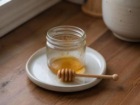 A small open jar of runny honey with a wooden dipper resting on a plain saucer on a wooden kitchen counter