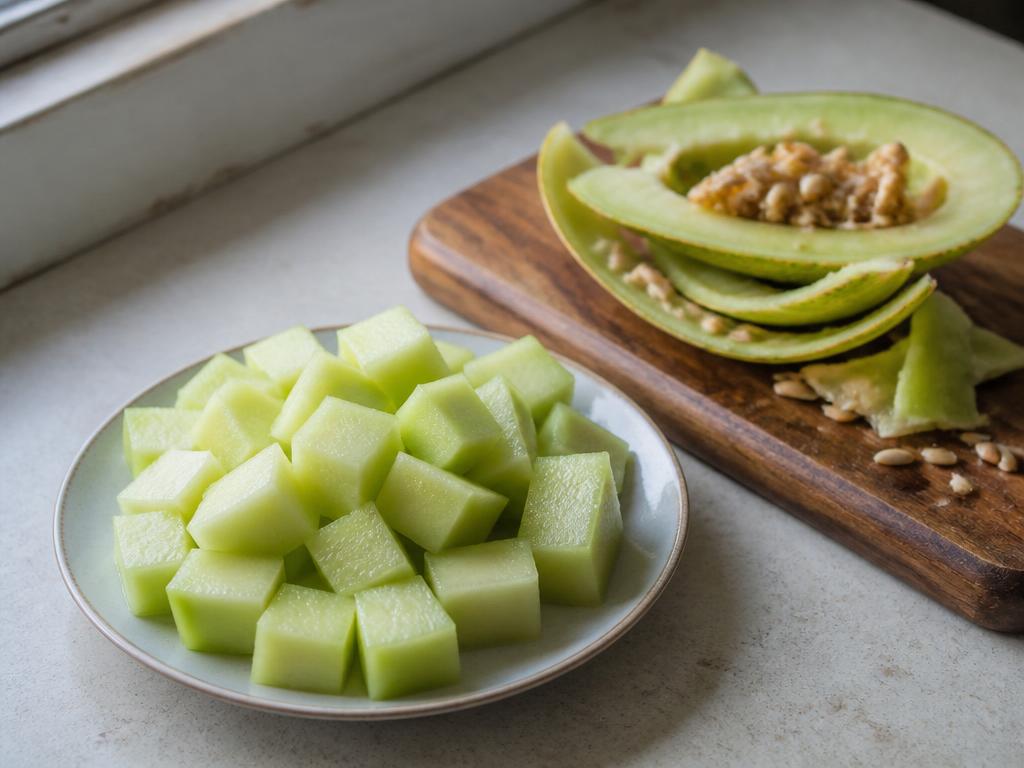 Bite-sized cubes of pale green honeydew melon flesh on a small plate, with the discarded rind and seeds on a separate wooden board