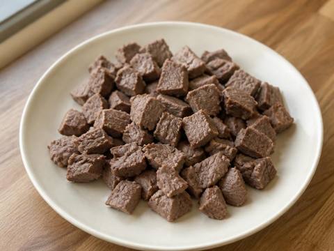 Plain fully cooked boneless lean lamb cut into small bite-sized pieces on a pale ceramic plate