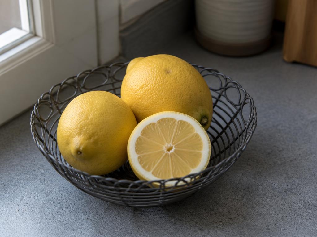 Two whole lemons and one halved lemon in a wire fruit basket on a kitchen counter, presented as household fruit rather than as dog food