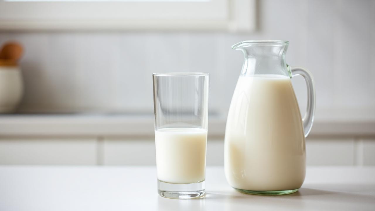A clear glass of plain cow's milk beside a small glass jug of milk on a white kitchen counter