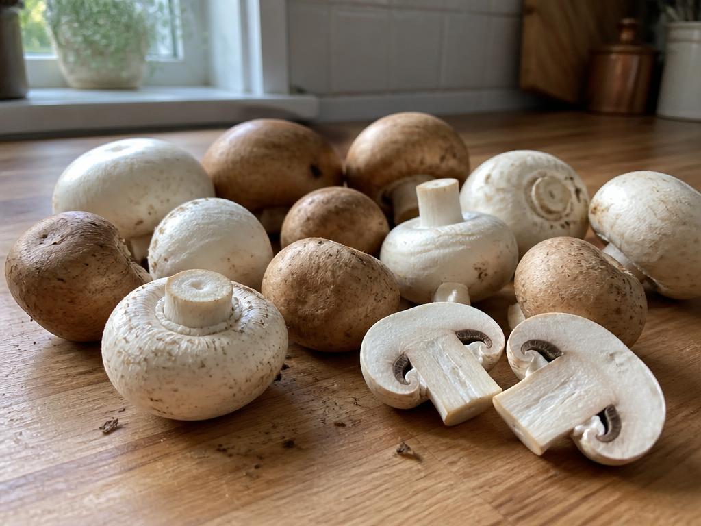 Ordinary white and brown button mushrooms loose on a wooden kitchen counter with two sliced open, in natural daylight
