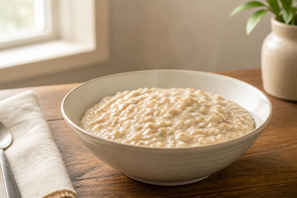 A bowl of plain cooked oatmeal porridge with no toppings on a wooden table