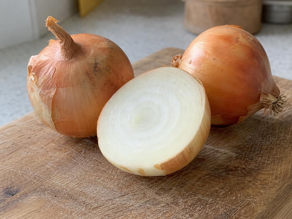 Whole yellow onions and one halved onion on a wooden kitchen board