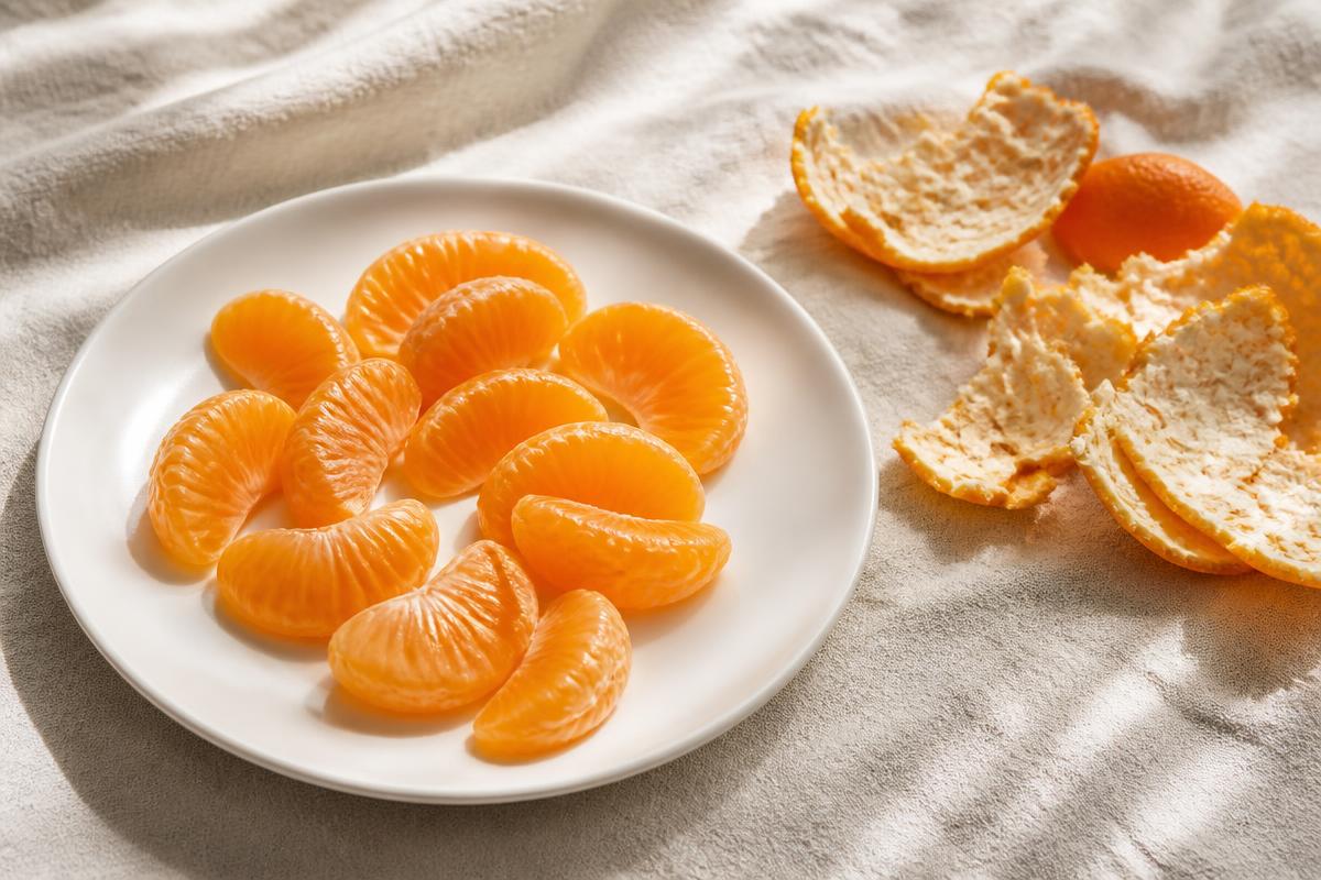 Peeled orange segments arranged on a white plate, with no peel or pith included