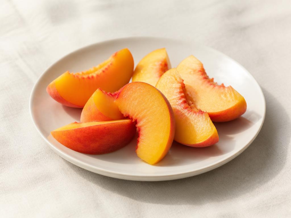Fresh peach slices on a white plate with the stone removed and not shown