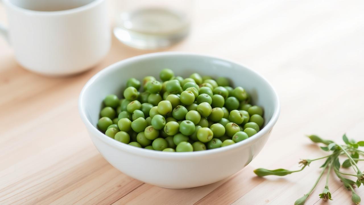 A white bowl of plain cooked green garden peas on a pale wooden table