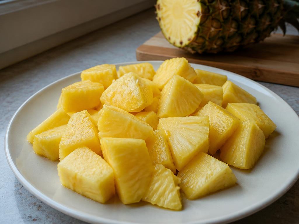 Fresh pineapple with the skin and core removed, cut into small yellow pieces on a cream plate
