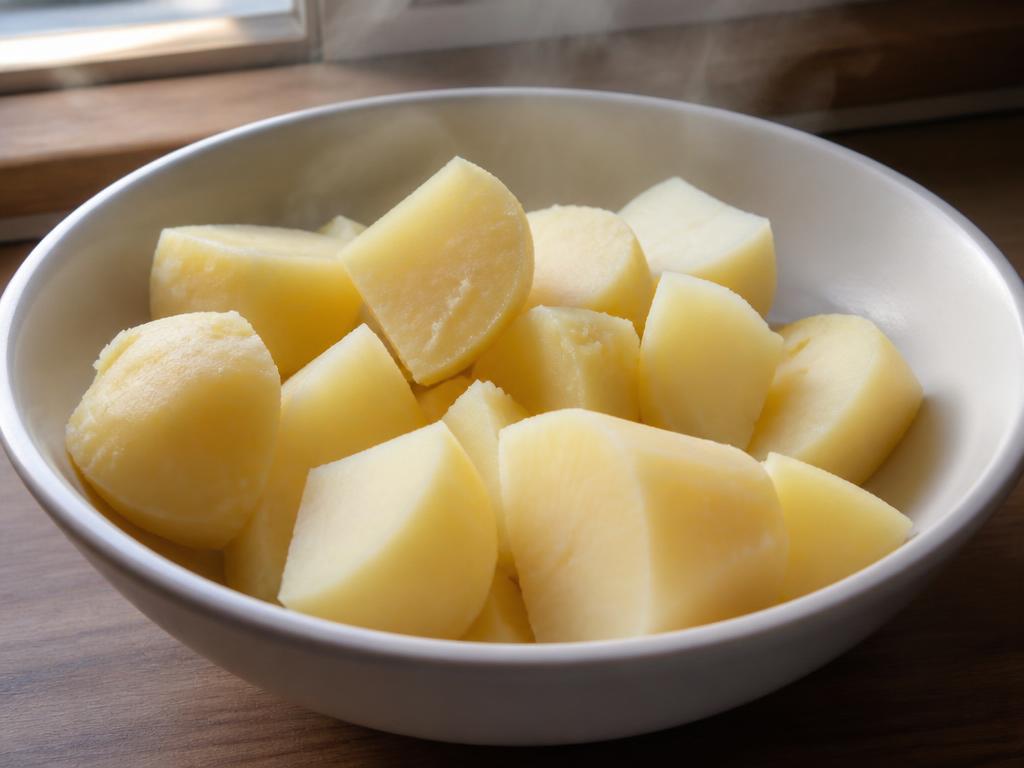 Plain boiled peeled potato pieces in a simple white bowl with no butter, oil or seasoning, on a wooden kitchen worktop