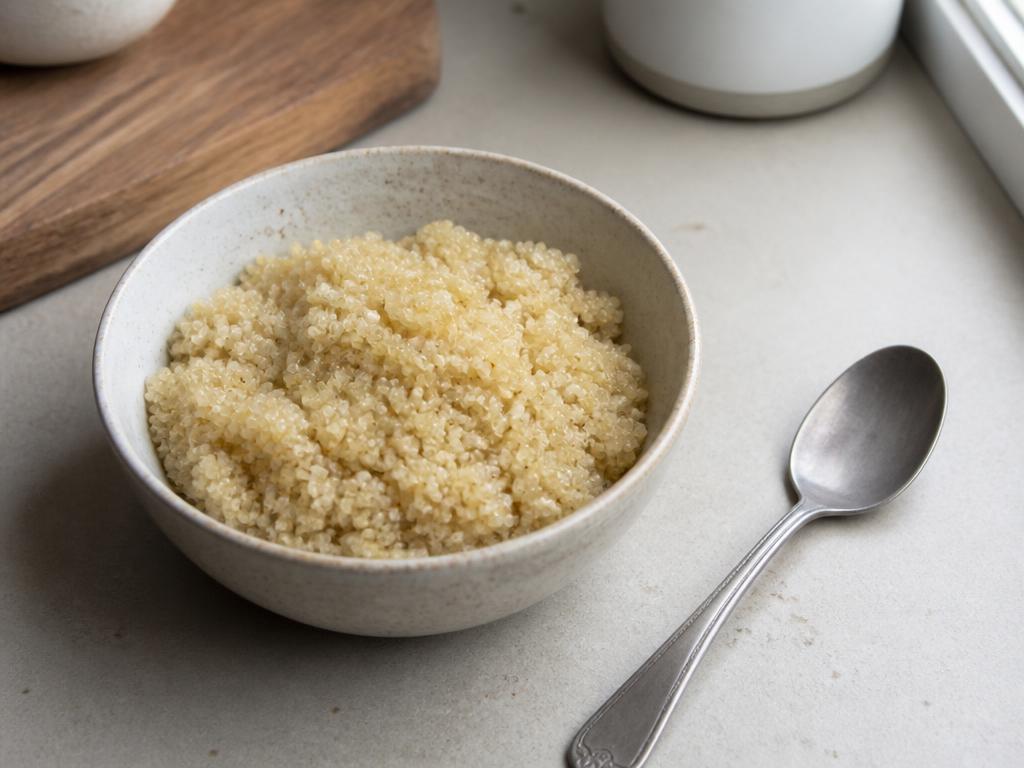 A small bowl of plain fully cooked fluffy quinoa on a kitchen counter with a spoon resting beside it