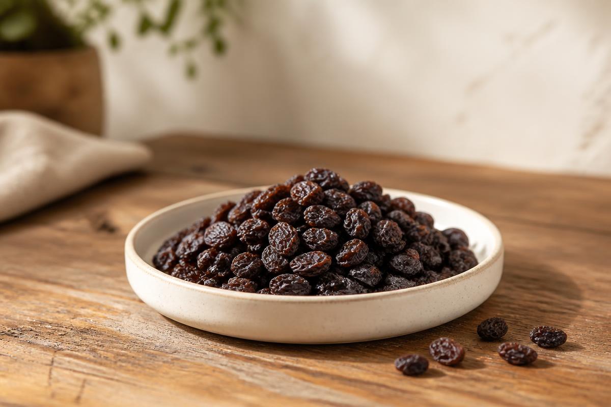 A small dish of dark dried raisins on a wooden kitchen table