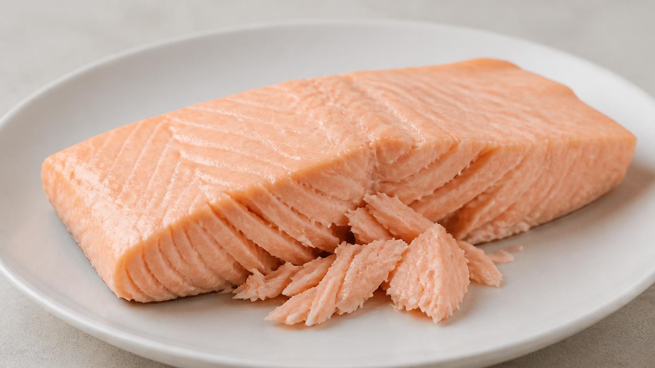 A plain fully cooked skinless boneless salmon fillet flaking apart on a white ceramic plate