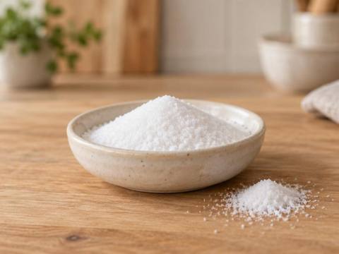 White table salt in a small ceramic dish on a wooden kitchen surface
