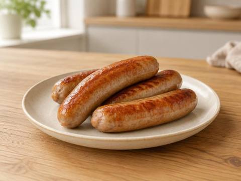 Plain cooked sausages on a ceramic plate on a wooden kitchen surface