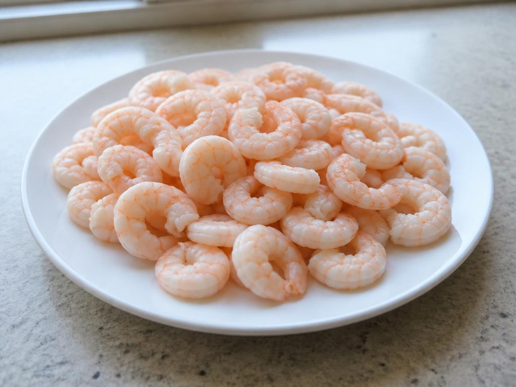 Plain fully cooked peeled shrimp with shells and tails removed, piled on a simple white plate with no sauce or seasoning