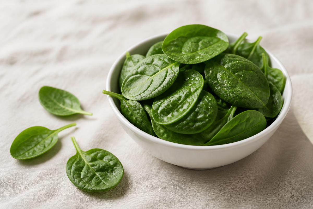 Fresh washed baby spinach leaves in a white bowl on a cream linen surface
