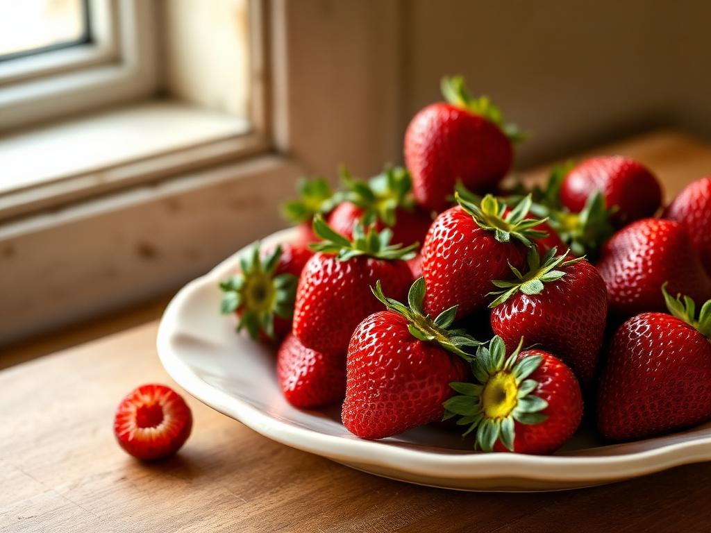 Fresh red strawberries, some whole and some halved, on a cream ceramic plate