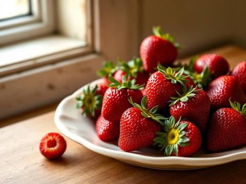 Fresh red strawberries, some whole and some halved, on a cream ceramic plate