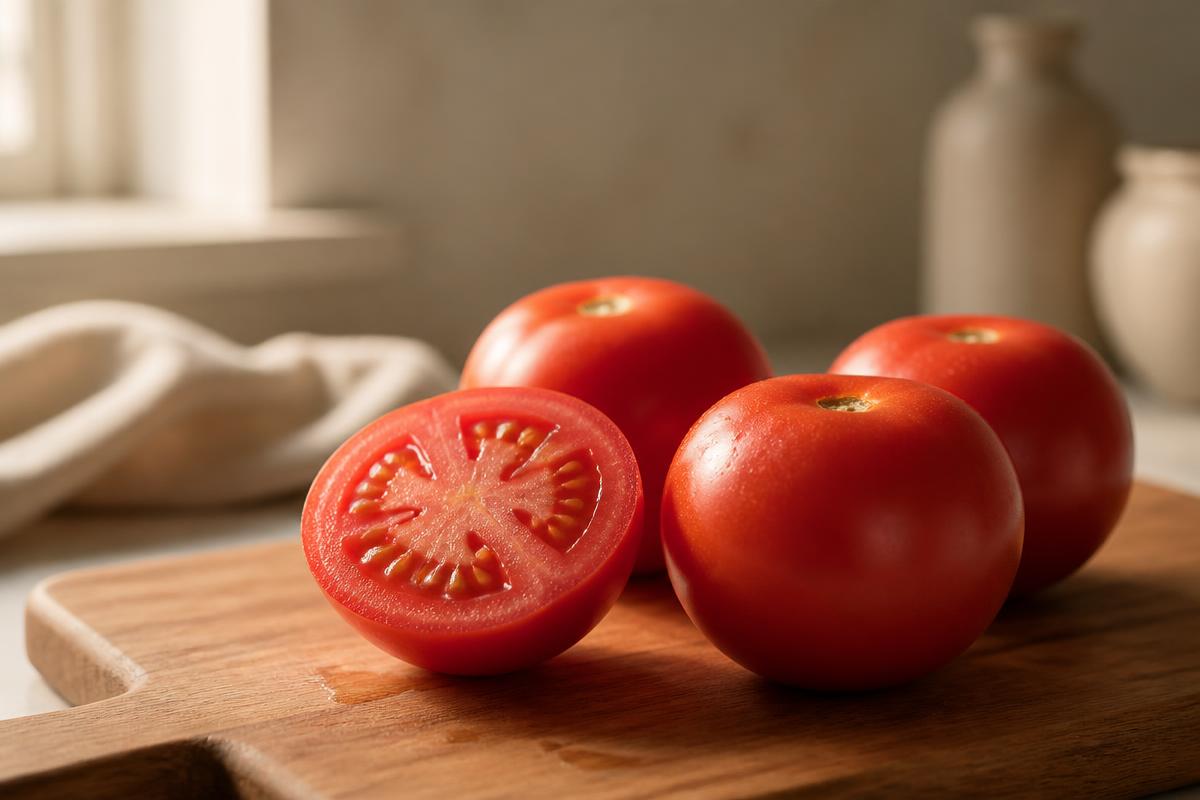 Ripe red tomatoes with one sliced open on a wooden kitchen board