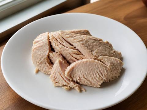 A piece of plain cooked tuna flaked apart on a simple white plate with no sauce, seasoning or bones