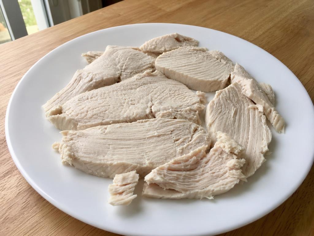 Plain cooked boneless turkey breast, sliced and unseasoned, on a light ceramic plate