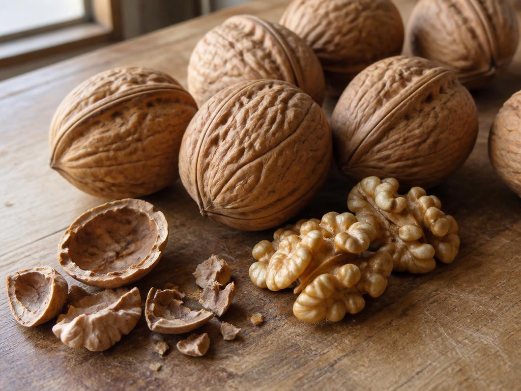 Whole walnuts in their wrinkled brown shells on a wooden surface beside shelled walnut halves and broken shell fragments