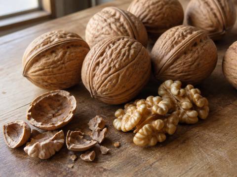 Whole walnuts in their wrinkled brown shells on a wooden surface beside shelled walnut halves and broken shell fragments