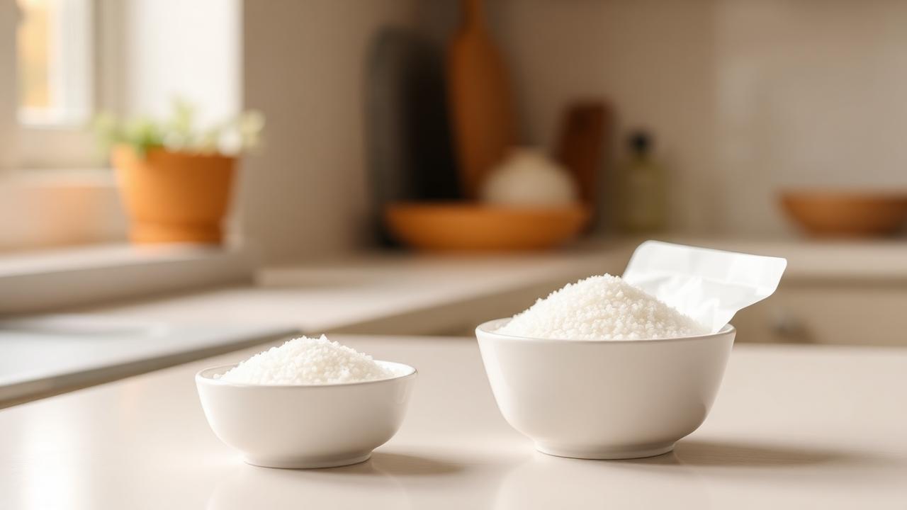 Two small white bowls of fine white sugar-alcohol sweetener granules beside an unlabelled sachet on a pale kitchen counter