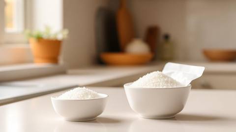 Two small white bowls of fine white sugar-alcohol sweetener granules beside an unlabelled sachet on a pale kitchen counter