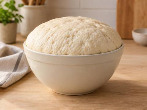 Raw risen bread dough in a cream mixing bowl on a wooden kitchen surface